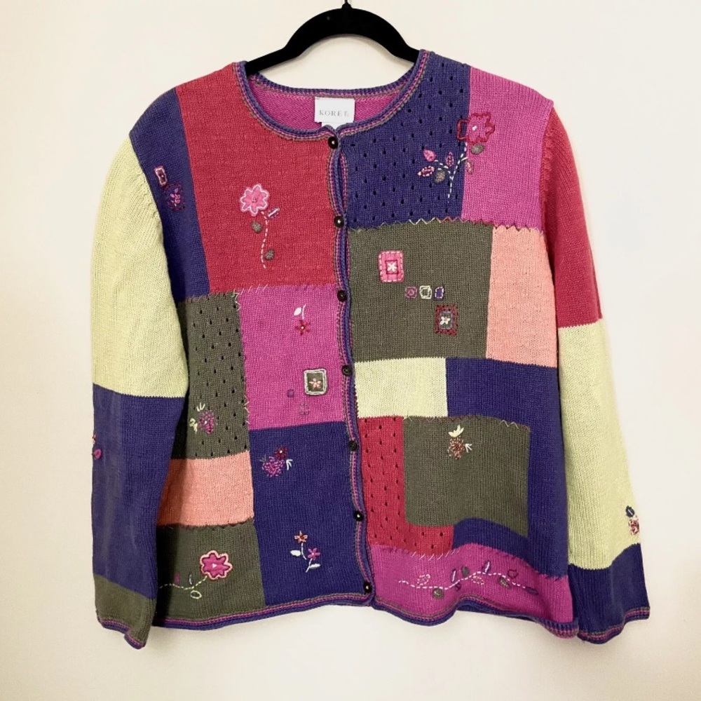 Koret Patchwork Sweater Cardigan Size L Flowers Embroidered
